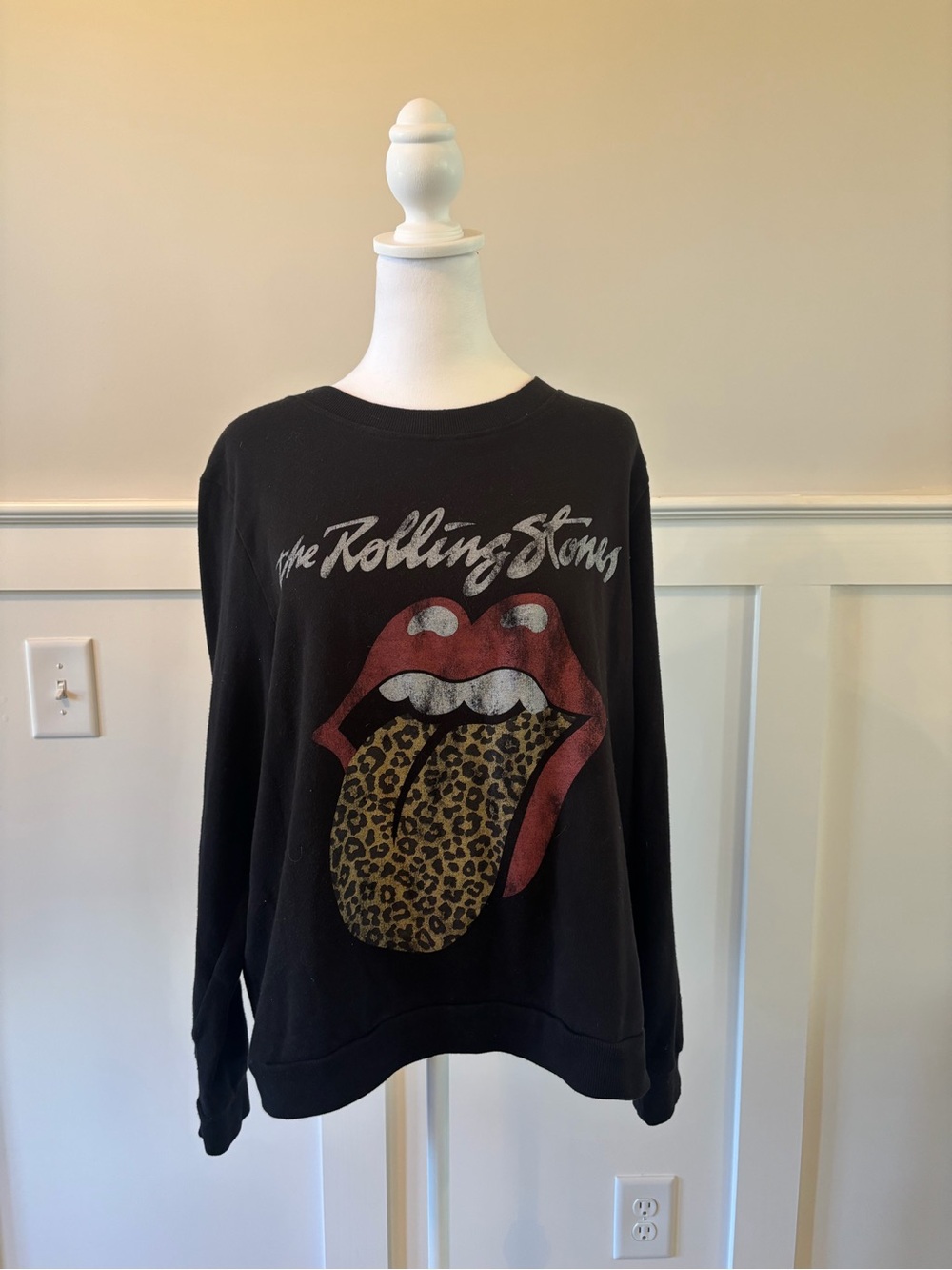the Rolling Stones Black Crewneck Sweatshirt with Red & Leopard Tongue
